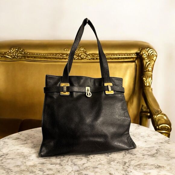 Vintage 70’s CD Charm Leather Shoulder Bag Purse 9” X 10” Black W/ Gold Accents